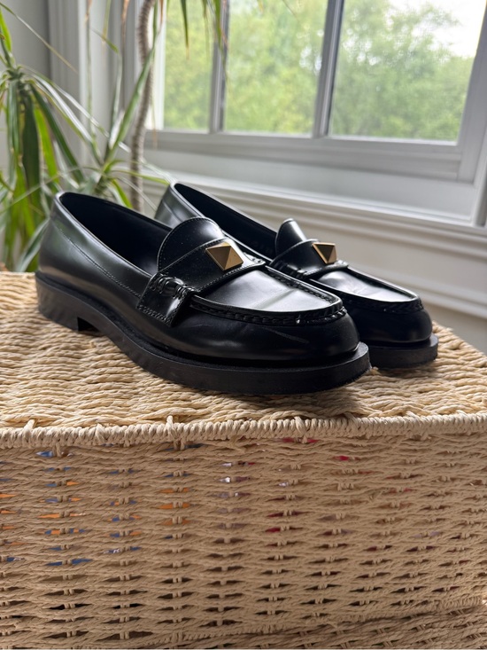 Valentino Garavani Shoes - Valentino Garavani Black Leather Loafers with Gold Pyramid Stud
